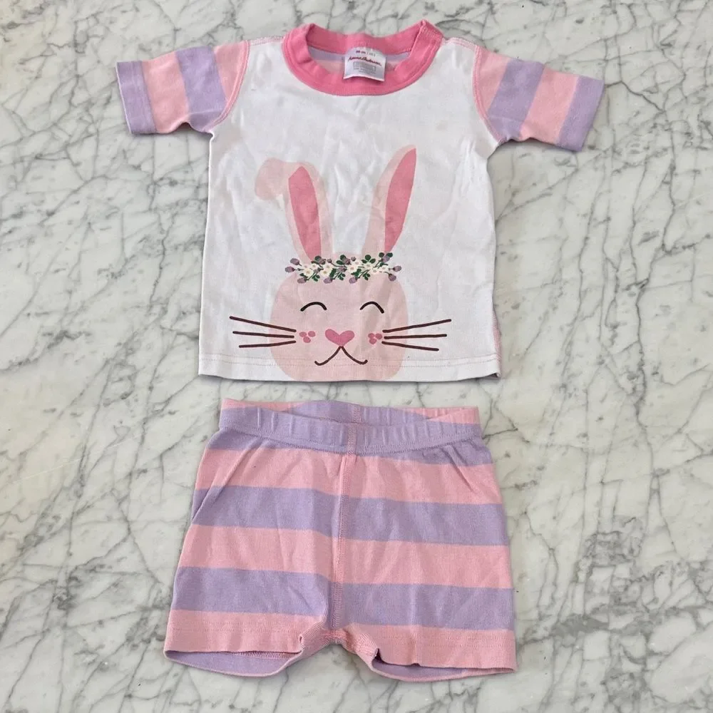 Hanna Andersson Shortie Sz 3 Pink Purple Striped Flower Crown Bunny Kids Pajamas